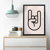 Minimalist Graphic Hand Rock Sign Bold Outline Wall Art Print